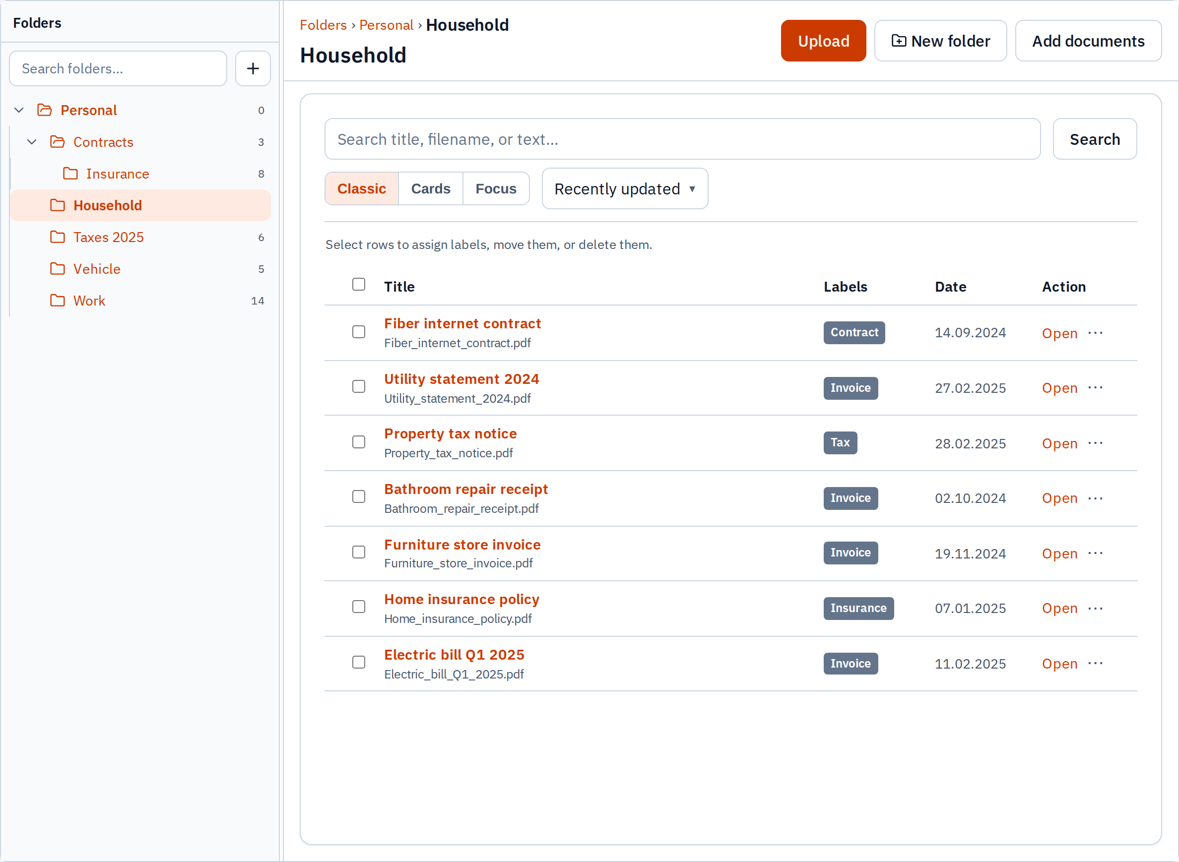 Labels and folder explorer