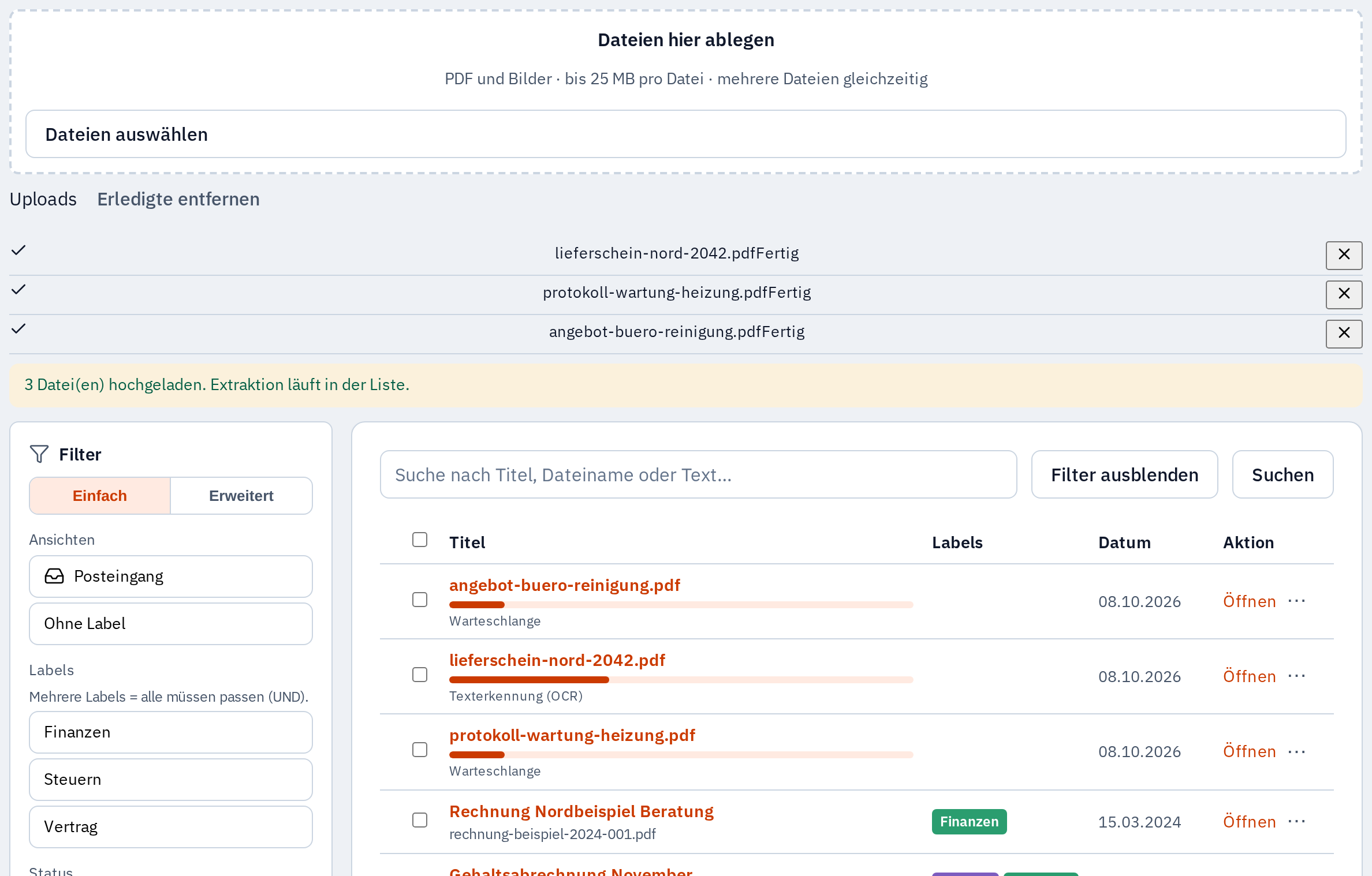 Docuvate Bibliothek mit Dokumentliste